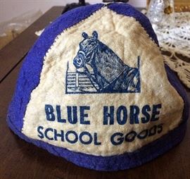 Vintage 1950s Advertising Felt Beanie Cap Blue Horse School Goods