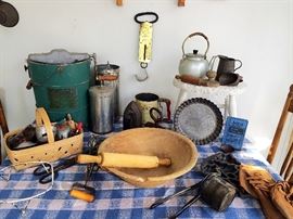 Vintage Churners & Kitchenware, Antique Wood Mixing Bowl and More