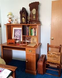 Desk, Books, Antique Clocks, Vanity Lamp, Leather Suitcase, Antique Woven Seat Chair & More