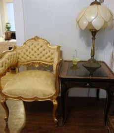 Gold Gilt Arm Chair, and  Drexel Heritage Et Cetera Black Chinoiserie & Burl Wood 1 Drawer End Table