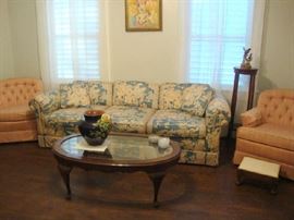 Sofa, Arm chairs. Majolica Pot