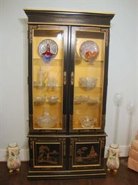 Asian Black Lacquer Display Cabinet with Lights