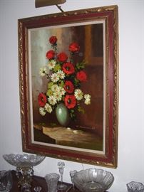 Rembrandt reproduction from Hudson's. Variety of glass including Waterford. 