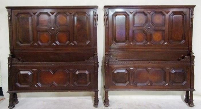 Jacobean carved twin beds