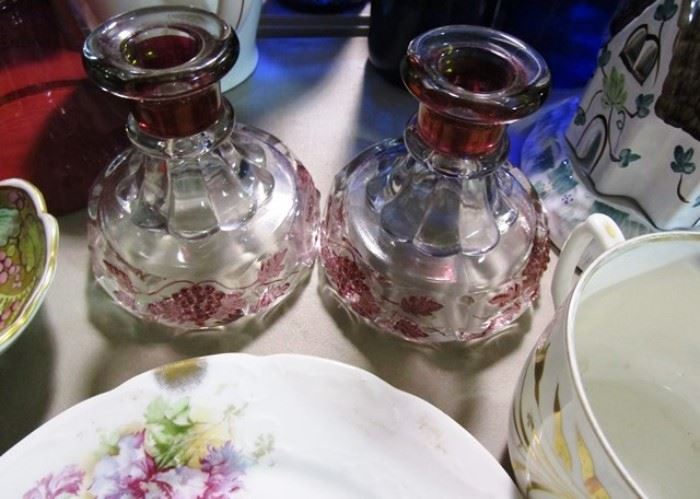 Handpainted dish, cranberry glass vases