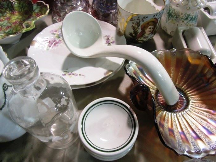 Porcelain ladel, iridized decorative bowl