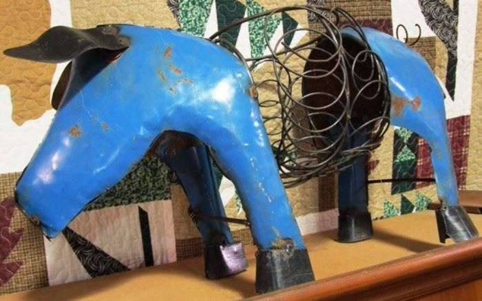 Blue pig planter - metal art