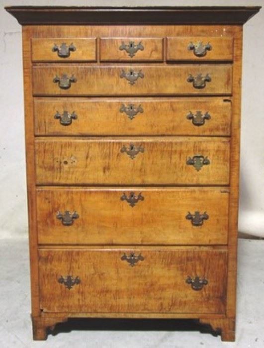 Period tiger maple 8 drawer high chest