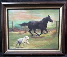 Horse & dog oil painting