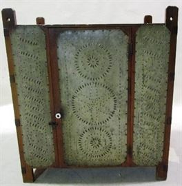Primitive hanging punched tin pie safe