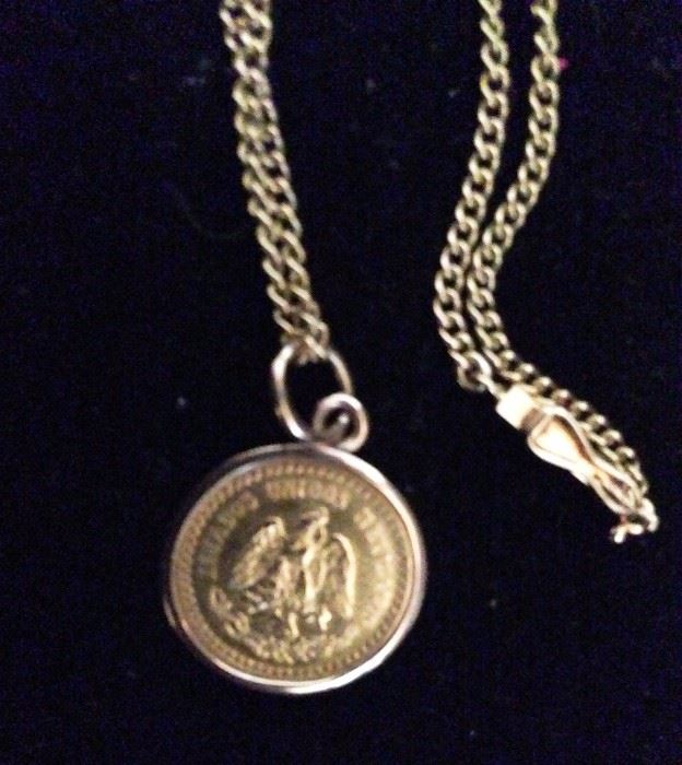 Mexican 2.5 Peso gold coin in 14k bezel & chain