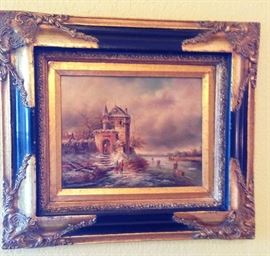 19th C oil on board attributed Belgian painter Charles Leickert. He painted Dutch landscapes and was especially good at capturing light and sky