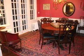 Handknotted Rug, Dining Room Pedestal Table, 6 Oak Dining Chairs