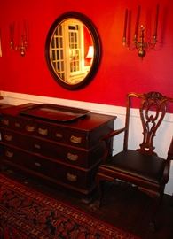 Mahogany 4 Drawer Dresser, Toll Tray, Antique Oval Mirror, Antique Brass Sconces