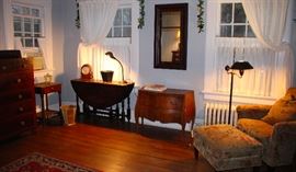 Chair & Ottoman from Crate & Barrel, Bombe Chest, Gateleg Table, Mirror, Antique Occasional Table