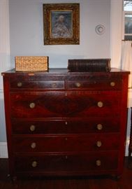 Antique 6 Drawer Chest, Signed Oil on Canvas of Monk, Antique Bible