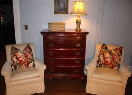 Pair of Upholstered Chairs, 5 Drawer Mahogany Chest on Legs, Asian Table Lamp