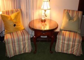 Pair of Slipper Chairs and Mahogany Single Drawer Occasional Table