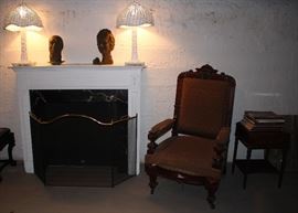 Fireplace Mantle & Surround, Wicker Lamps, Sculptural Clay Heads, Victorian Chair