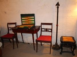 Asian Hardwood Stand, Floor Lamp, Pair Side Chairs, Antique Mahogany Game Table, Game Set with Bakalite Chips