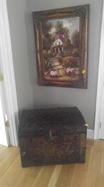 antique chest with insertions and Oil on Canvas