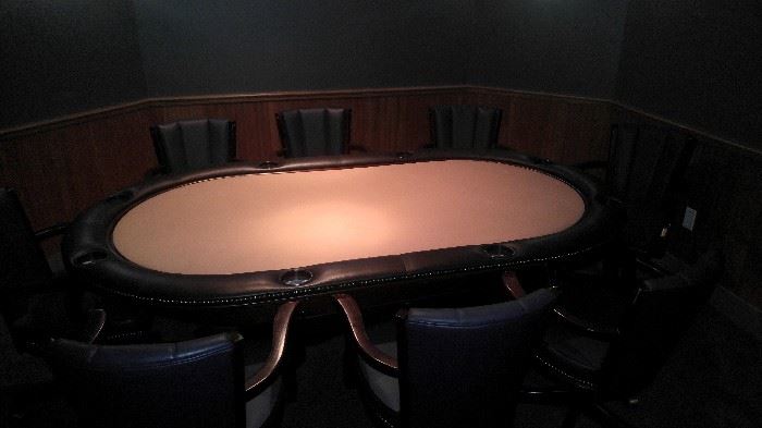 Custom Made eight player cherry pocker table with eight leather chairs