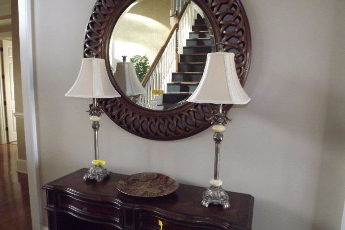 "Seven Seas"by Hooker entry table, accent lamps and round mirror