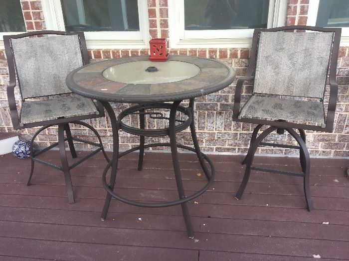 Detail of outdoor all weather bistro table with slate top and 2-chairs-SOLD!