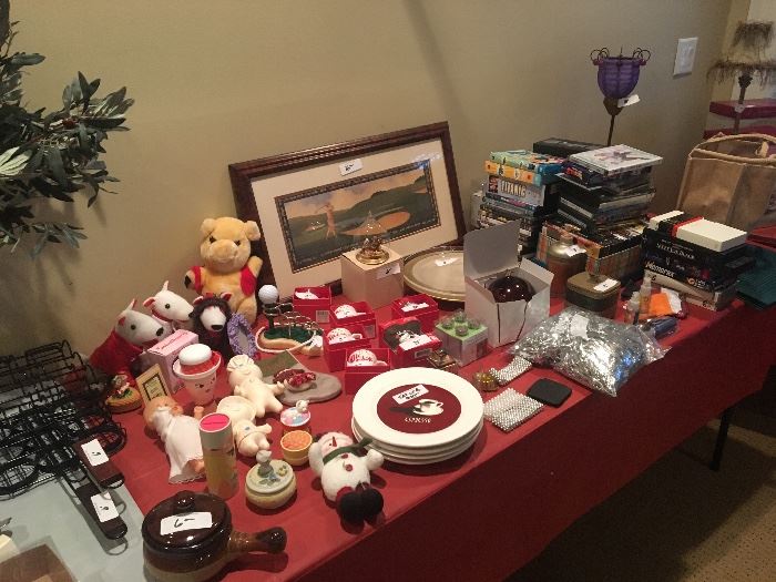 DVDs, stuffed animals, Christmas dishes and decorations