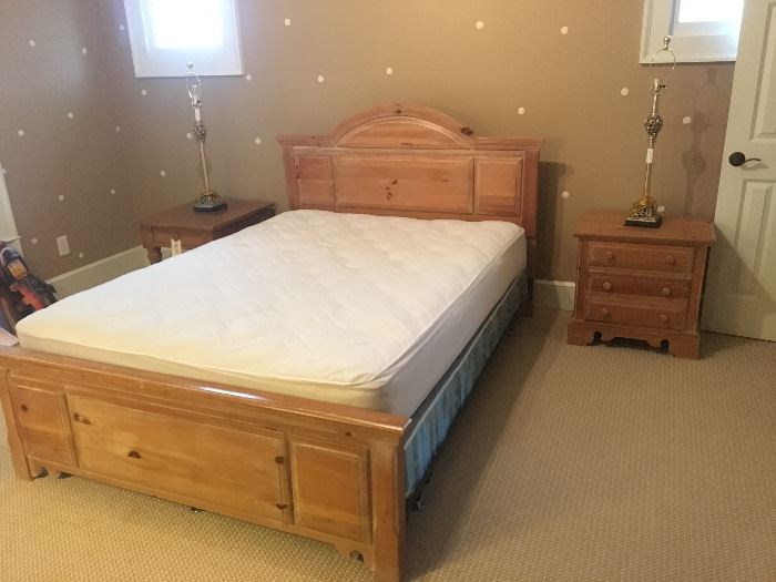 Pickle wood finished bedroom suite (queen sized bed, nightstand, dresser with mirror)
