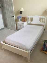 White-washed twin size bedroom suite (twin sized bed, chest of drawers, nightstand and desk)