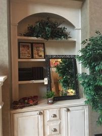 Home decor items, mirror, framed art, silk plant