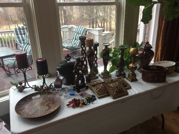 Home decor items, candlesticks, urns, wall hangings, silk plants