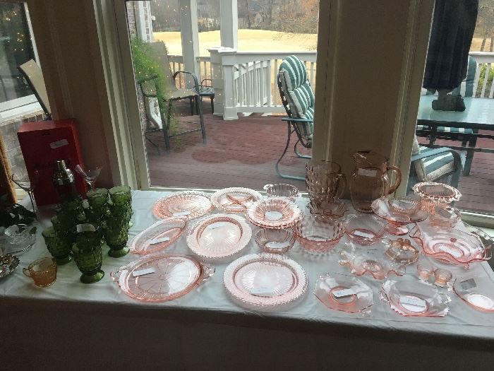 Pink Depression Glass & Green Cubic stemmed glassware