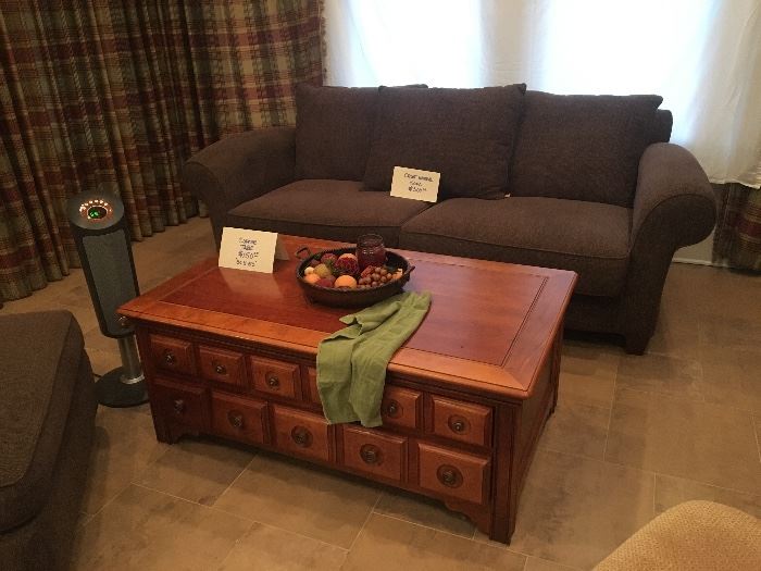 Comfortable neutral toned sofa-SOLD!, chair and ottoman-SOLD!. Solid wood coffee table-still available!