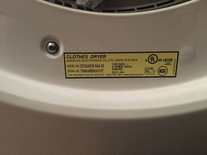 Model and serial information for the Samsung dryer