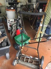 Hand mower, Scott's seeder/spreader, hose and hose reel