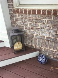 Outdoor metal lantern, blue ceramic yard art-SOLD!