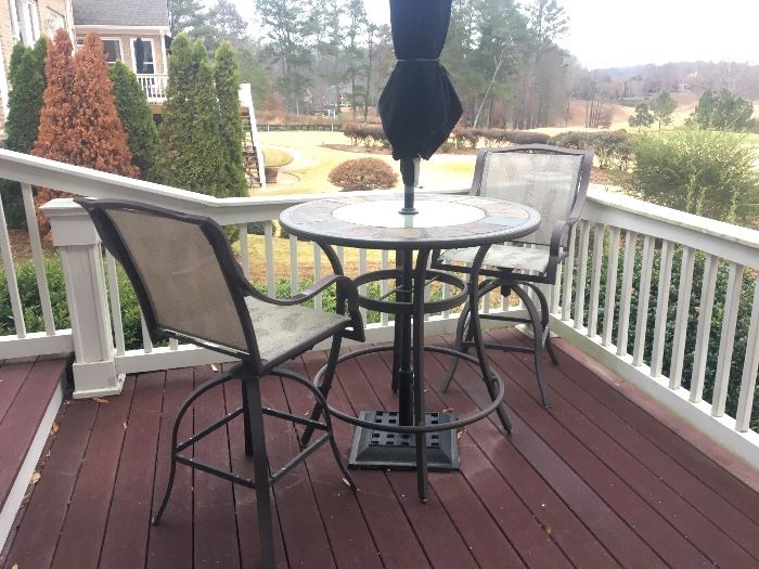 Another outdoor all weather bistro table with slate top and two chairs. This one also has a black umbrella and metal umbrella stand-SOLD!