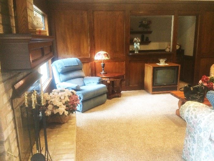 recliner, end table, lamps, fireplace tools