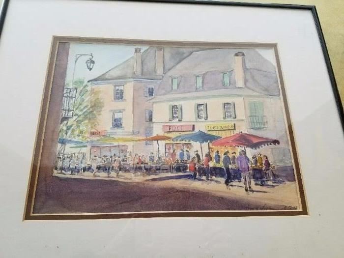 Original Watercolor....by Bruce Barnes - Meyssace Market - Dardogue France. 