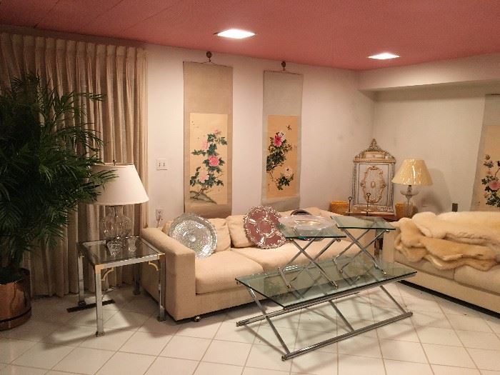 Mid Century Couches, Chrome and Glass Coffee Table Set, Asian Screens