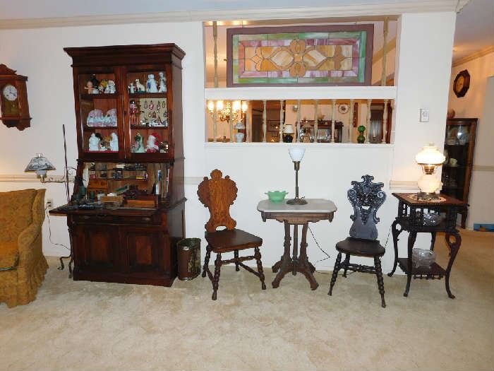 Eastlake secretary, gothic chairs and marble topped table