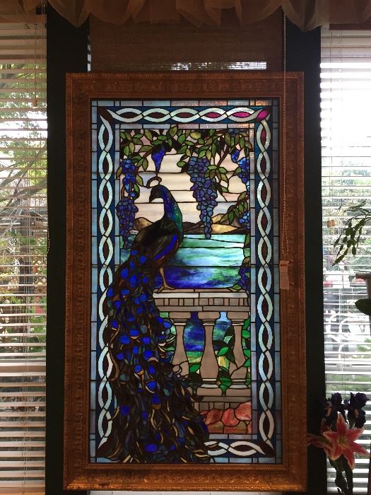 Tiffany recognized LaFarge Window featuring gorgeous eye-popping turquoise and other shades of blue and green opalescent glass with solid impressive wood carved frame. 