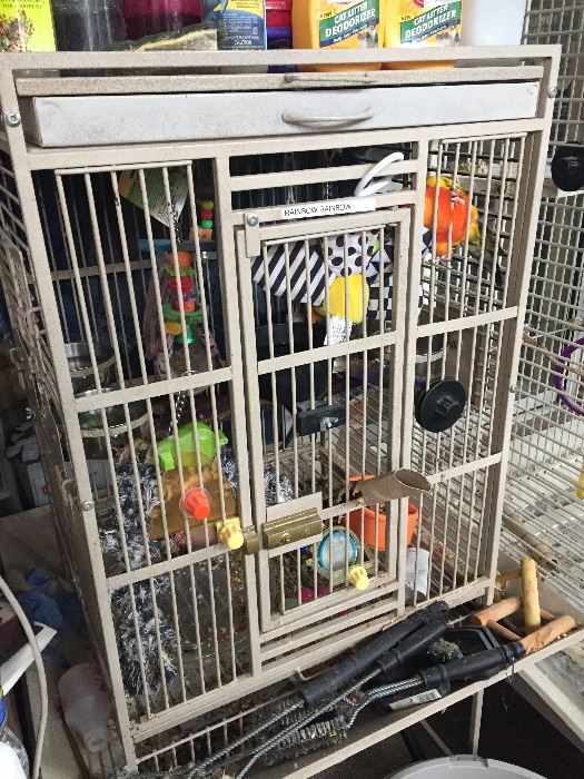 Large birdcage holding Amazon parrot.