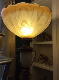 Art nouveau globe and bronzy columned floor lamp