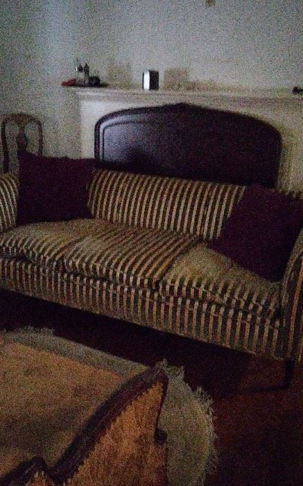 Silk damask stripe down filled sofa. Vintage