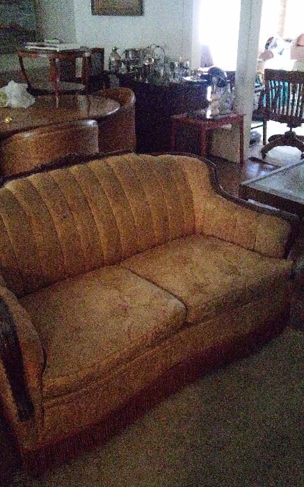 French style settee damask and fringe, wood trimmed and good shape,