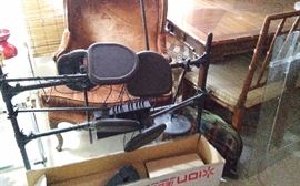 Card table on right is Drexel Heritage 4 chairs and leaves. Drum set. Pair of antique, down cushion rust velvet side chairs from antique auction house.