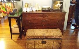 Pony covered vintage trunk. Two fish tanks. Dresser goes with headboard and two chairs. China and decor pieces